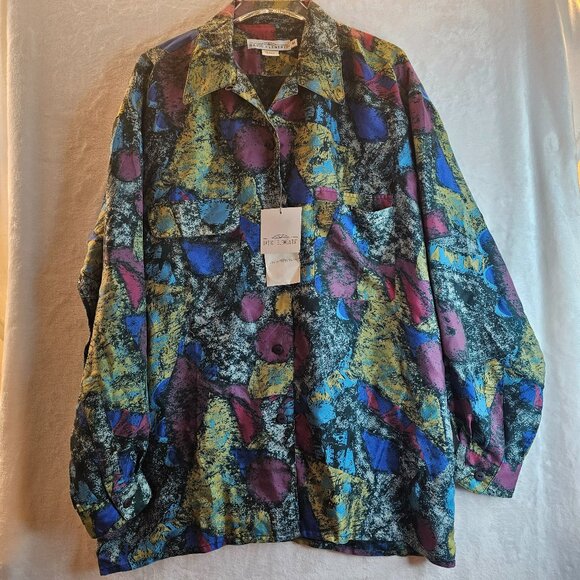 Basic Elements Abstract Shirt 100% Silk Size M Collared Long Sleeve Button Down - Picture 1 of 10